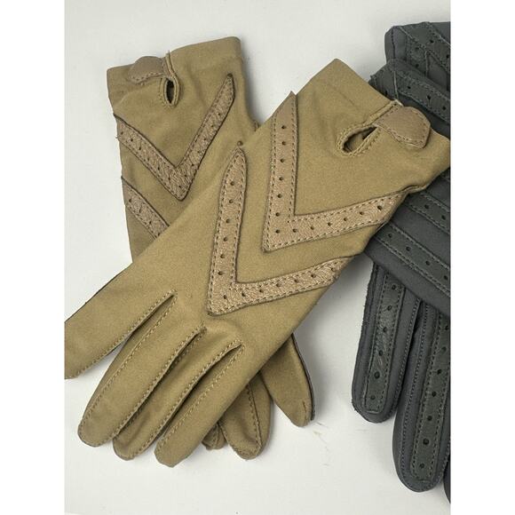 VTG 1980's Woman’s Driving Length Gloves Tan & Gray Stretch Nylon Leather Trim - Picture 2 of 9